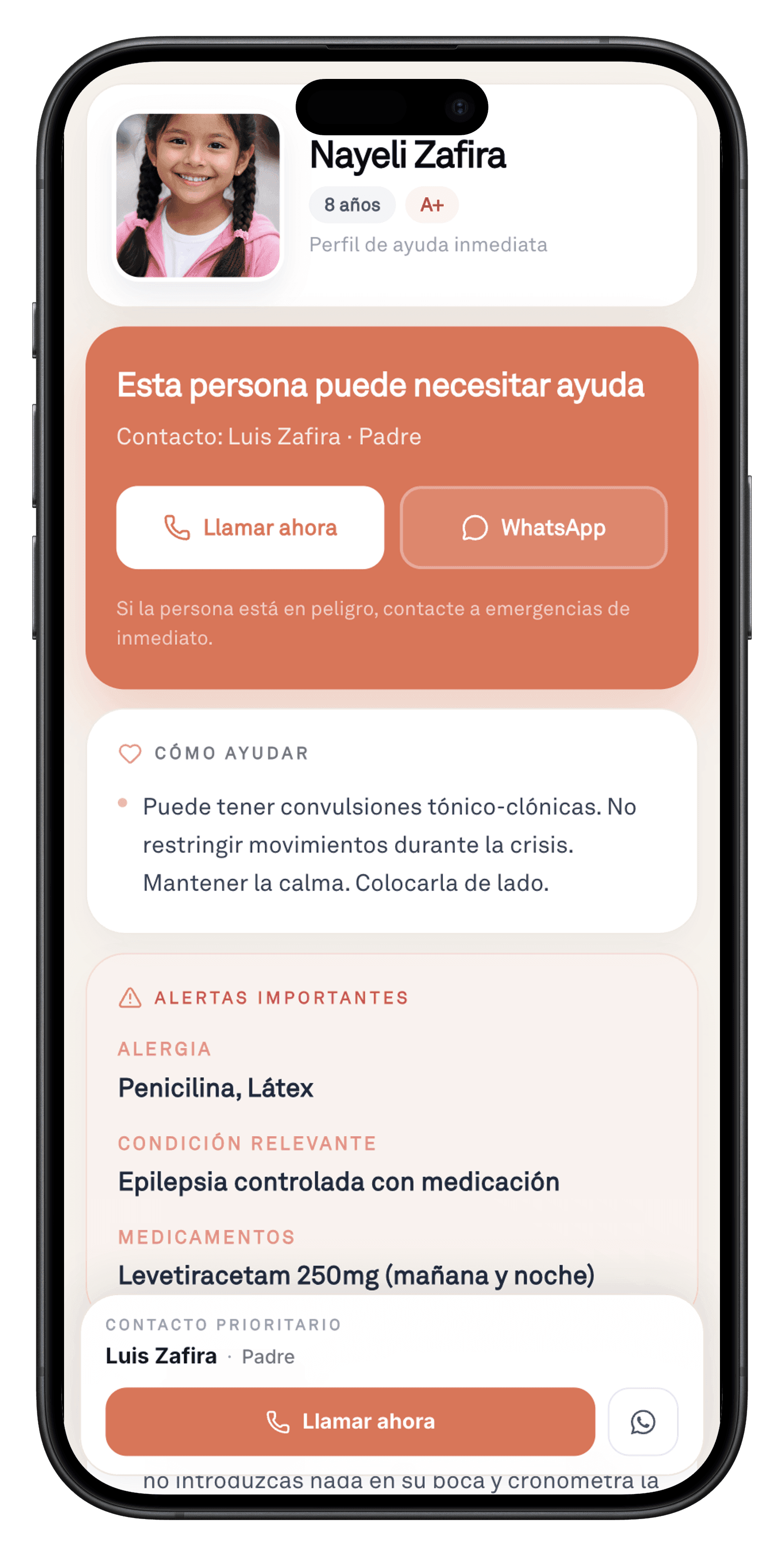 Vista del perfil de emergencia de LuaSOS en un celular